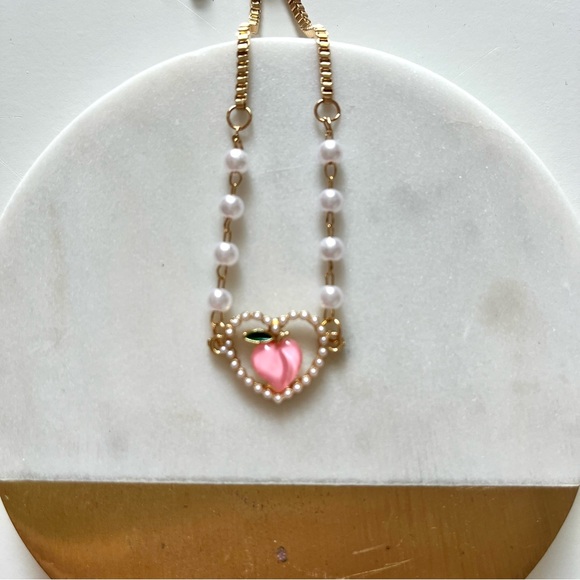 Gold Tone Costume Jewelry Bracelet with Heart, Peach, and Pearls - Picture 4 of 5